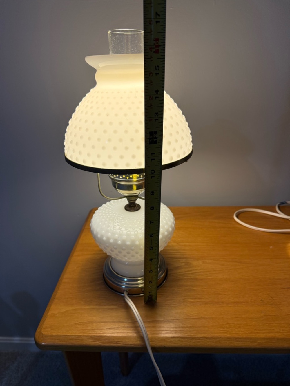VTG White Hobnail Milk Glass Lamp With Brass Trim Globe & Clear Glass Chimney - Picture 2 of 14
